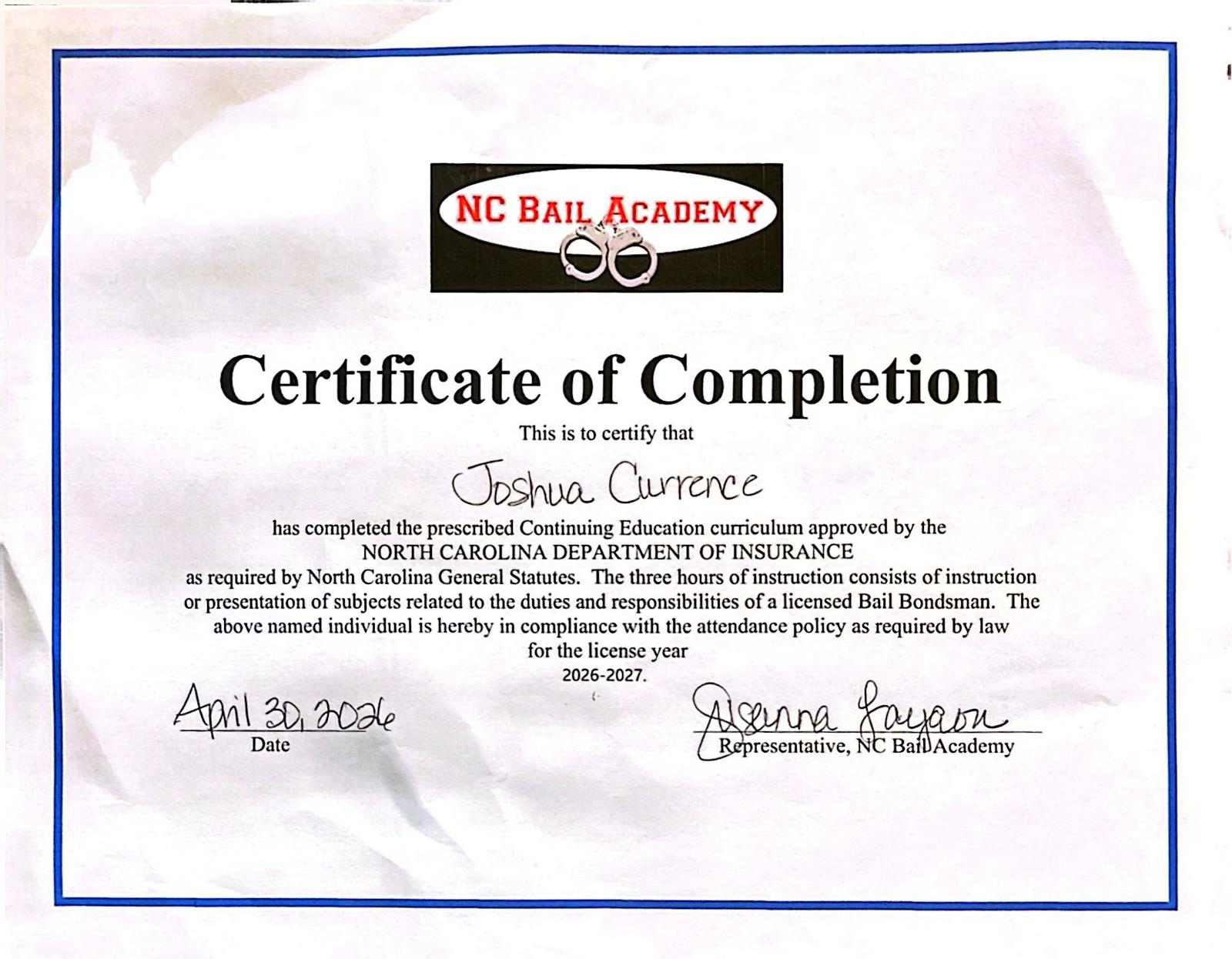 JC Bail Bond professional certificate